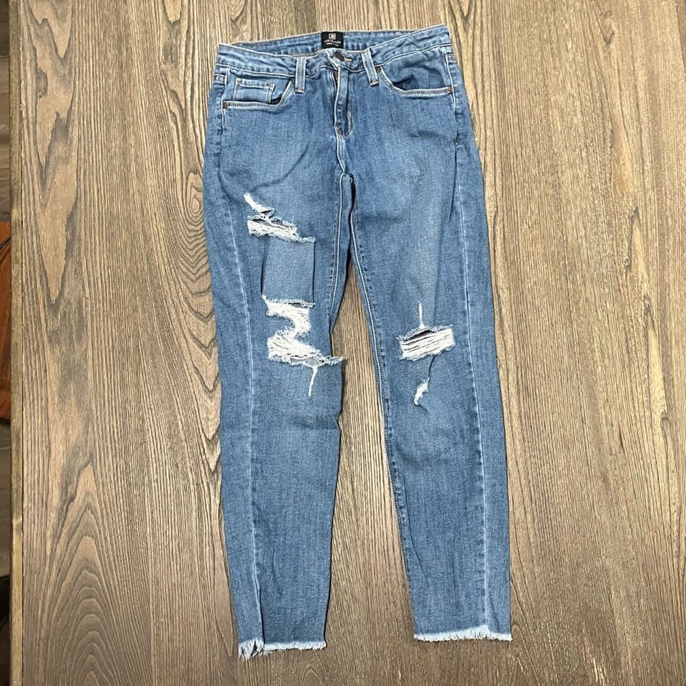 Just Black Denim Blue Distressed Raw Hem Skinny Jeans Size 28